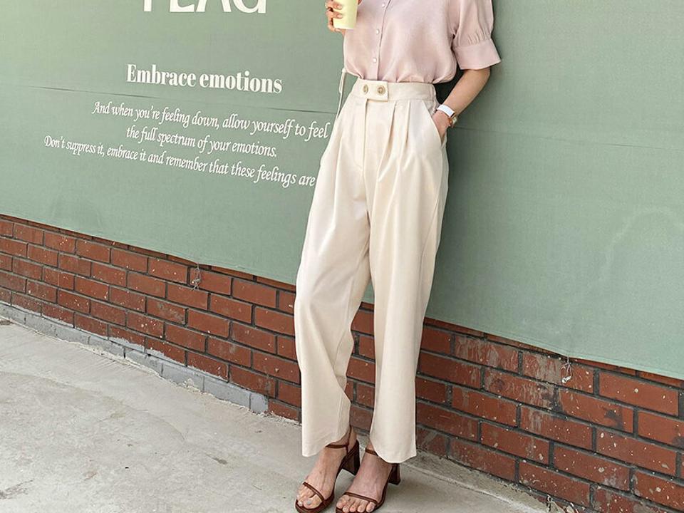 【只今10%OFF】ツーボタンワイドパンツ・全4色・t65395 レディース 【pt】【韓国 ファッション ボトムス ロング ロングパンツ 美脚 ツーボタン ルーズ ゆったり ハイウエスト 足長 ワイド ストレート 大人 スリム 10分丈 体型カーバー 細身 夏 春】