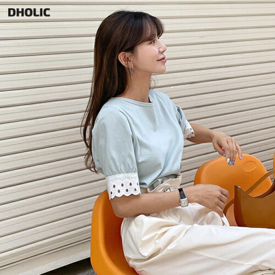 【全品10%OFF】レースヘムスリーブTシャツ・全2色・t65383 レディース 【tops】【韓国 ファッション トップス Tシャツ 半袖 デイリー レース スリーブ ラウンドネック 7分丈袖 ウェーブ 配色 細身 ルーズ ゆったり 体型カーバー 夏 春】