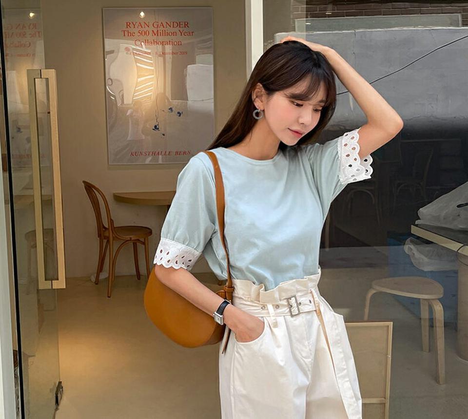 【全品10%OFF】レースヘムスリーブTシャツ・全2色・t65383 レディース 【tops】【韓国 ファッション トップス Tシャツ 半袖 デイリー レース スリーブ ラウンドネック 7分丈袖 ウェーブ 配色 細身 ルーズ ゆったり 体型カーバー 夏 春】