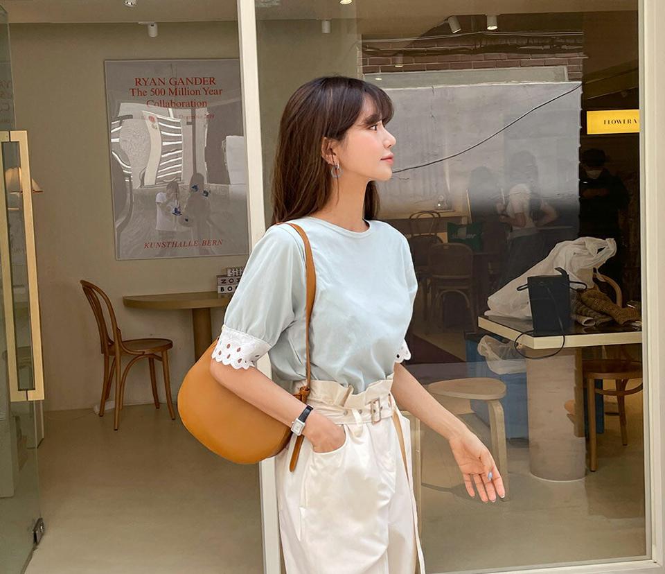 【全品10%OFF】レースヘムスリーブTシャツ・全2色・t65383 レディース 【tops】【韓国 ファッション トップス Tシャツ 半袖 デイリー レース スリーブ ラウンドネック 7分丈袖 ウェーブ 配色 細身 ルーズ ゆったり 体型カーバー 夏 春】