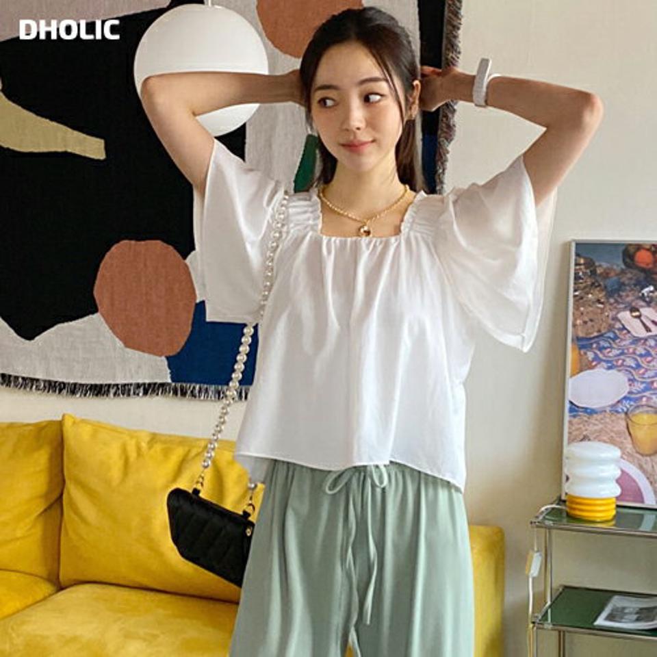 ショルダーゴムスクエアギャザーブラウス・全3色・b65387 レディース 【bl】【韓国 ファッション トップス ブラウス 半袖 ギャザー スクエアネック ゴム フレア フェミニン ボリューム 体型カバー スリム 細身 ルーズ 夏 春】