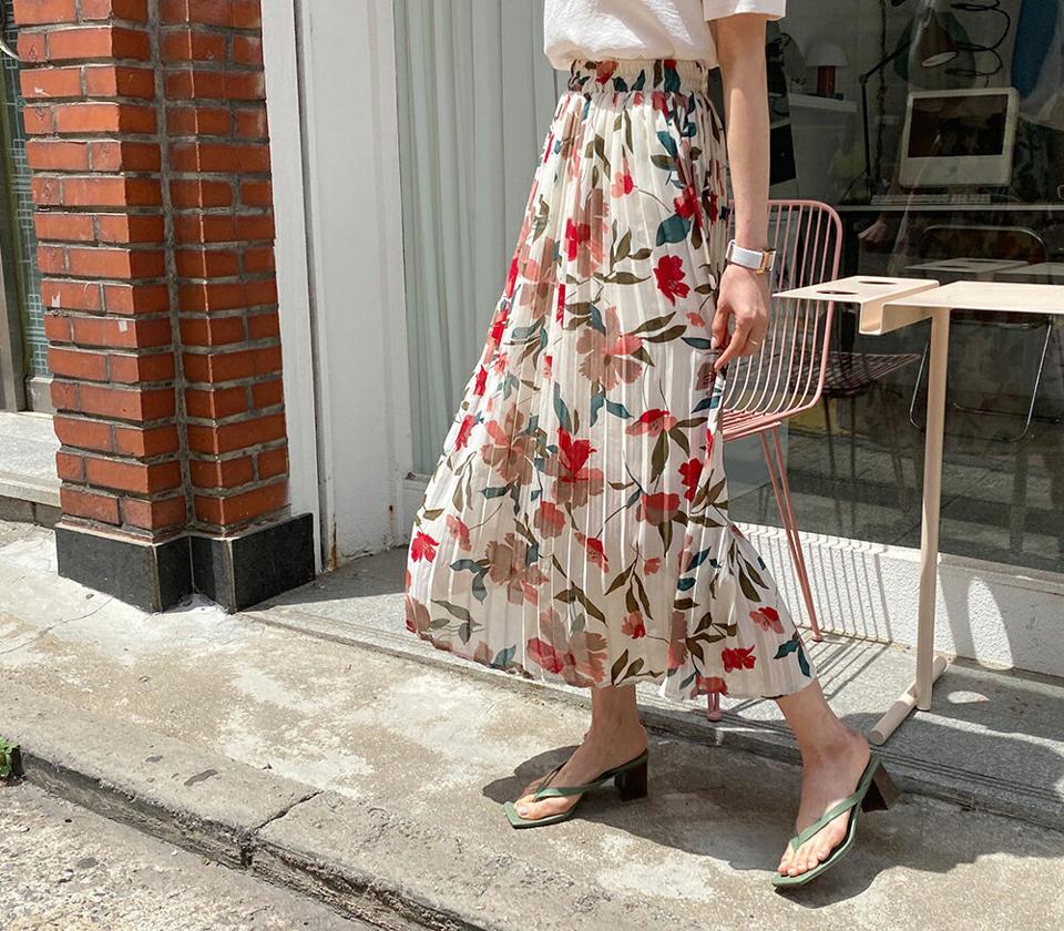 花柄シフォンプリーツスカート・全3色・b65404 レディース 【sk】 韓国 ファッション ボトムス スカート ロング ロングスカート フェミニン 花柄 フラワー パターン シフォン プリーツ 大人 カジュアル 体型カバー 細身 スリム 夏 春