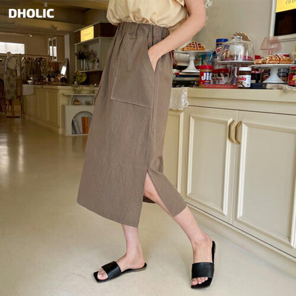 リネン混スリットスカート・全4色・b65398 レディース 【sk】 韓国ファッション ボトムス スカート ロング ロングスカート フェミニン スリット リネン ゴム ポケット 大人 カジュアル 体型カバー 細身 スリム 夏 春