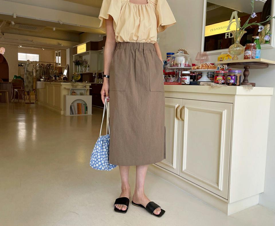 リネン混スリットスカート・全4色・b65398 レディース 【sk】 韓国ファッション ボトムス スカート ロング ロングスカート フェミニン スリット リネン ゴム ポケット 大人 カジュアル 体型カバー 細身 スリム 夏 春