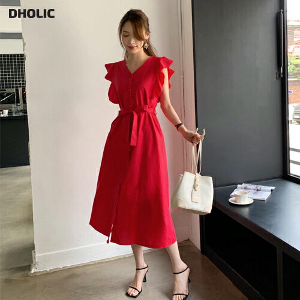ストラップ付Vネックフリルワンピース・全3色・t68564 レディース 【ops】 ワンピース ロング ロングワンピース フリル Vネック ストラップ 単色 無地 フェミニン かわいい シンプル 春 夏 韓国 ファッション ハイホリHIHOLLI