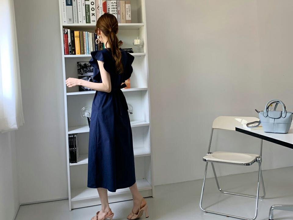 ストラップ付Vネックフリルワンピース・全3色・t68564 レディース 【ops】 ワンピース ロング ロングワンピース フリル Vネック ストラップ 単色 無地 フェミニン かわいい シンプル 春 夏 韓国 ファッション ハイホリHIHOLLI