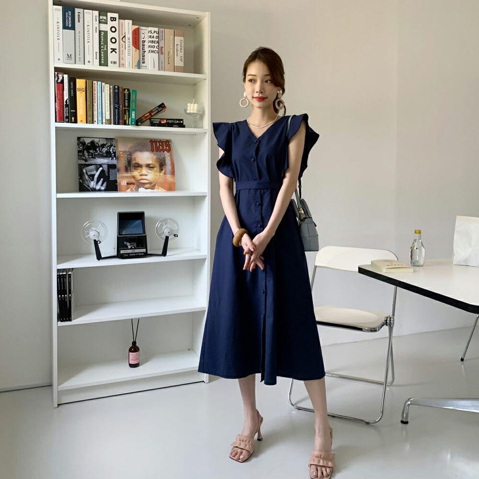 ストラップ付Vネックフリルワンピース・全3色・t68564 レディース 【ops】 ワンピース ロング ロングワンピース フリル Vネック ストラップ 単色 無地 フェミニン かわいい シンプル 春 夏 韓国 ファッション ハイホリHIHOLLI