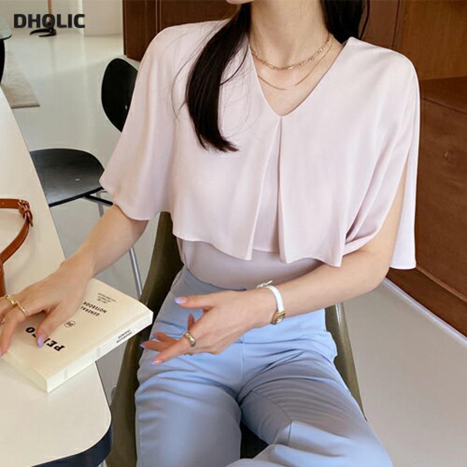 Vネックケープ風ブラウス・全4色・b68571 レディース 【bl】 トップス ブラウス 半袖 Vネック ケープ 単色 無地 シンプル フェミニン 上品 春 夏 韓国 ファッション ハイホリHIHOLLI