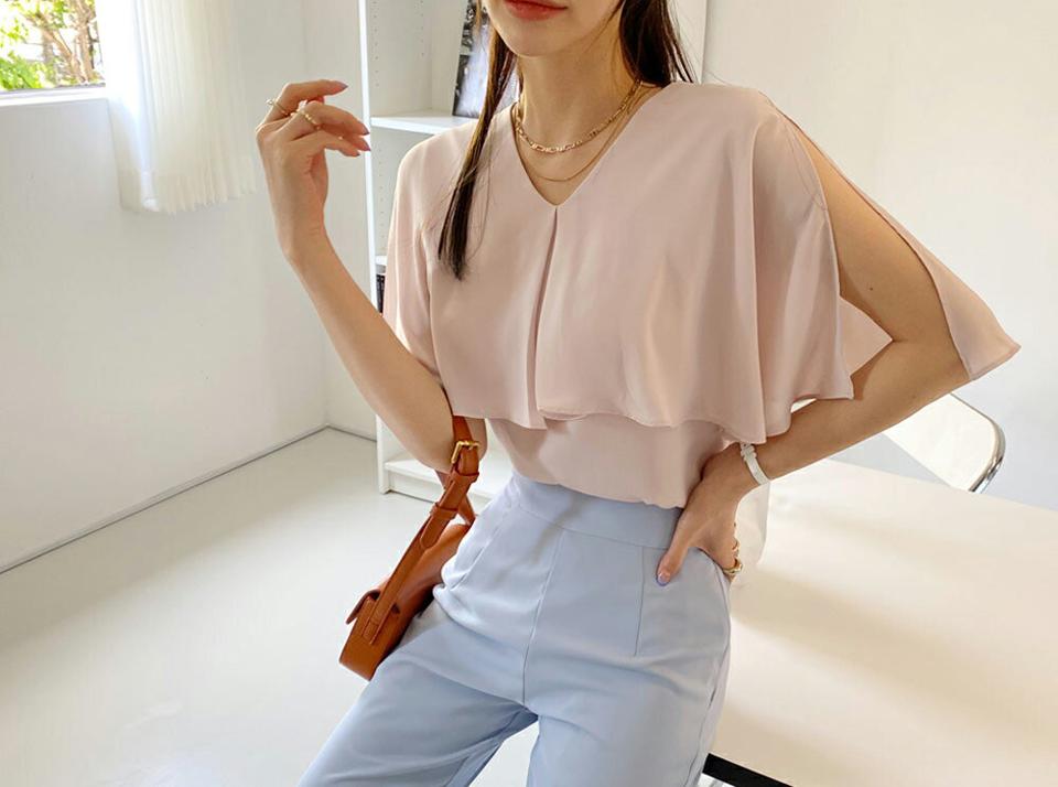 Vネックケープ風ブラウス・全4色・b68571 レディース 【bl】 トップス ブラウス 半袖 Vネック ケープ 単色 無地 シンプル フェミニン 上品 春 夏 韓国 ファッション ハイホリHIHOLLI