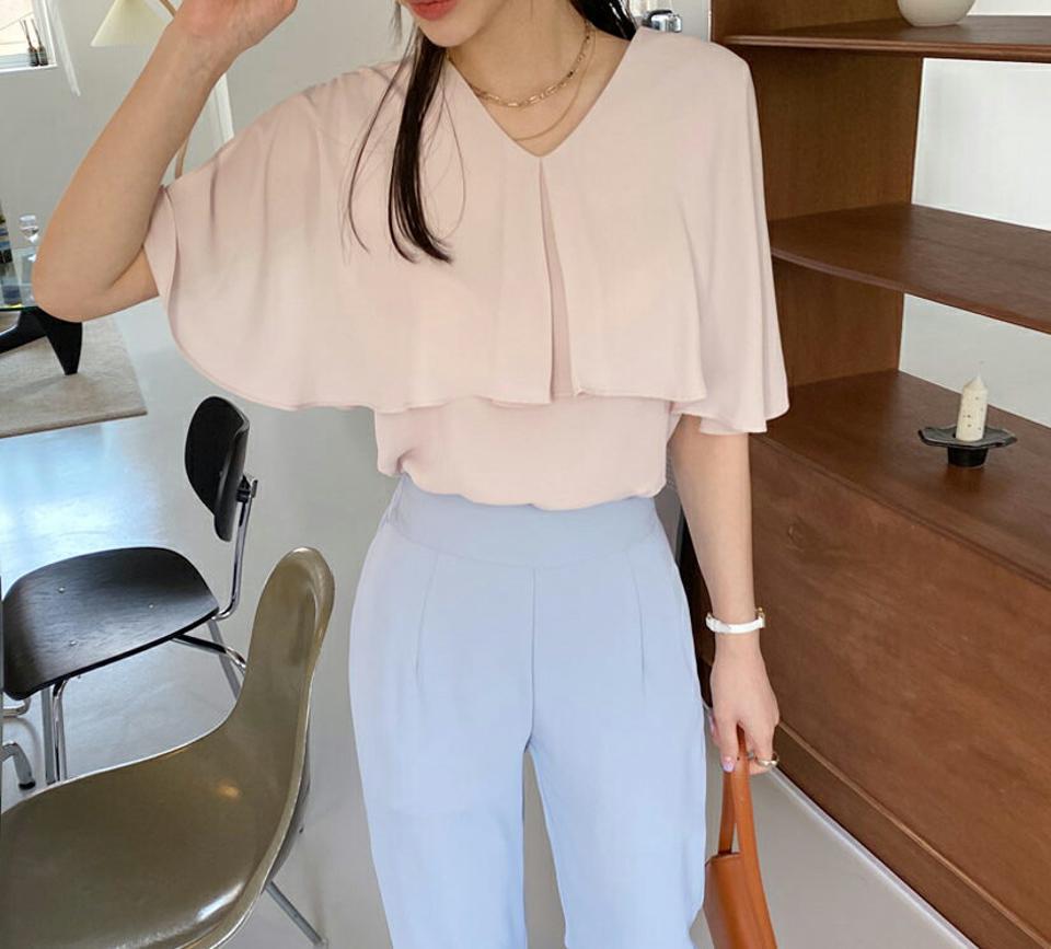 Vネックケープ風ブラウス・全4色・b68571 レディース 【bl】 トップス ブラウス 半袖 Vネック ケープ 単色 無地 シンプル フェミニン 上品 春 夏 韓国 ファッション ハイホリHIHOLLI