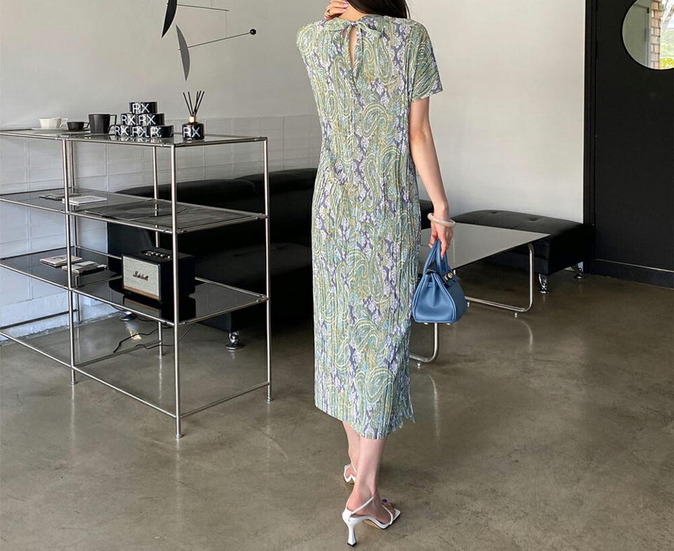 ペイズリープリーツワンピース・全3色・t68565 レディース 【ops】【ワンピース ロング ロングワンピース 半袖 ペイズリー柄 模様 プリーツ 大人 上品 春 夏 韓国 ファッション】【ハイホリHIHOLLI】