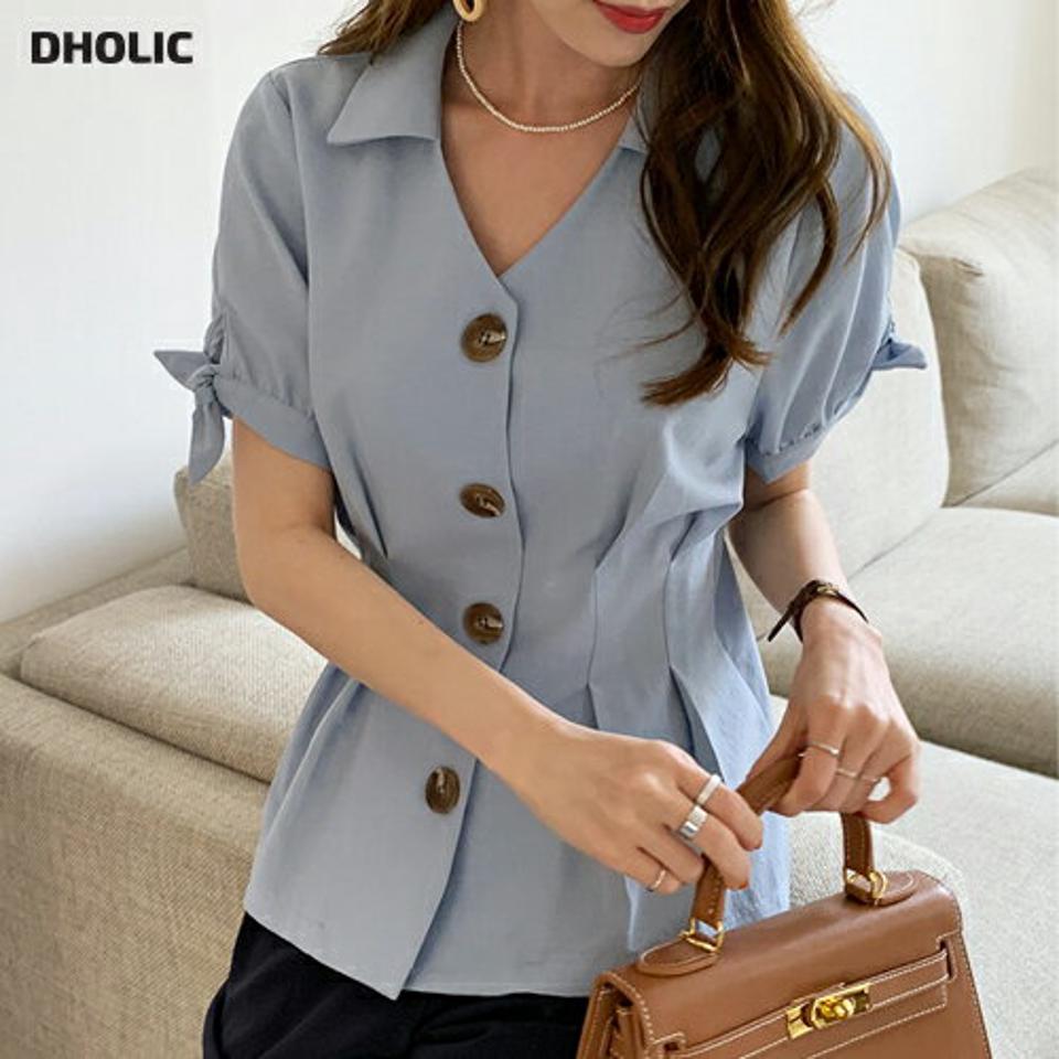 タックボタンカラーブラウス・全3色・b68570 レディース 【bl】 トップス ブラウス 半袖 タック 単色 無地 シンプル 大人 春 夏 韓国 ファッション ハイホリHIHOLLI