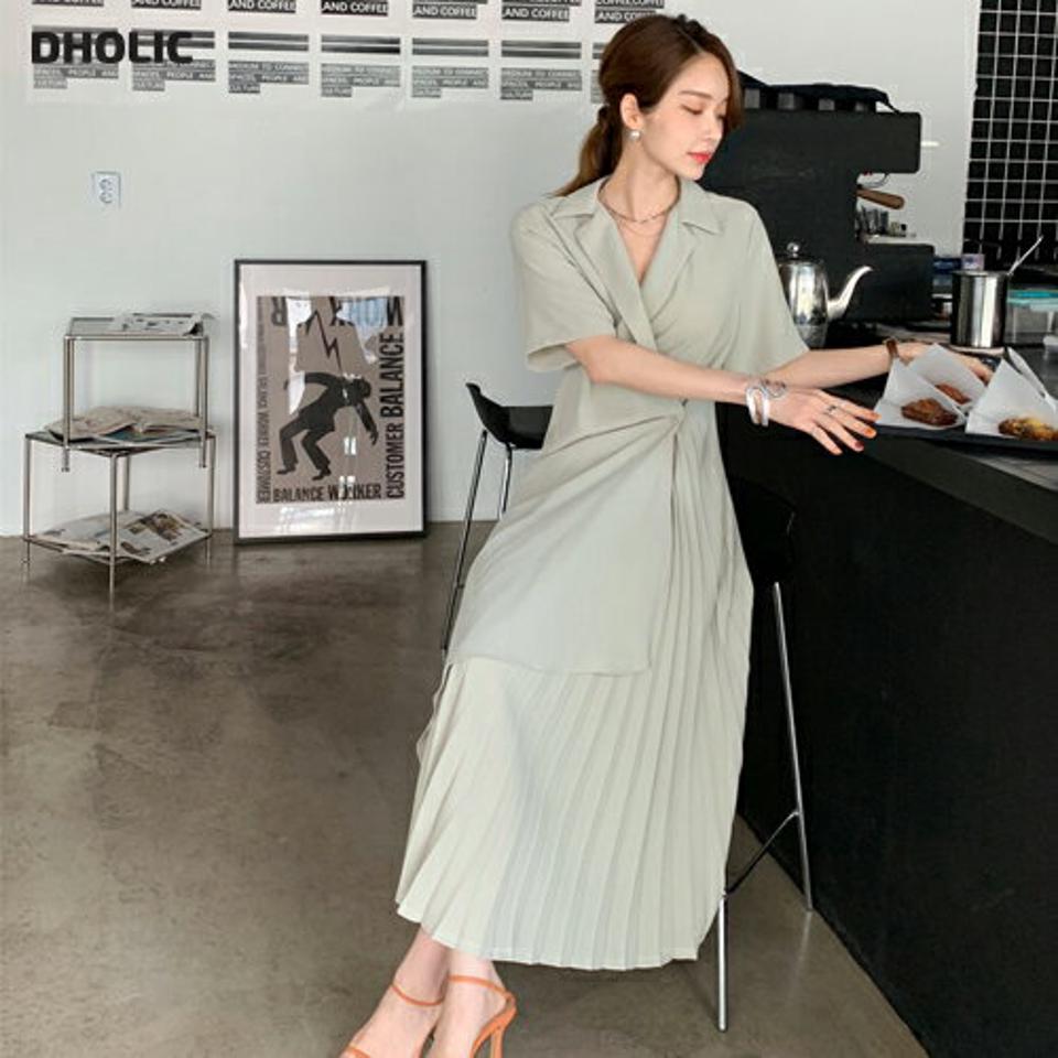 サイドプリーツラップワンピース・全3色・t68567 レディース 【ops】 ワンピース ロング ロングワンピース プリーツ 半袖 開襟 スキッパー ラップデザイン シンプル 単色 大人 春 夏 韓国 ファッション ハイホリHIHOLLI