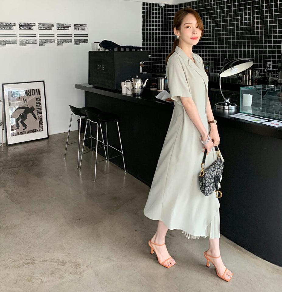 サイドプリーツラップワンピース・全3色・t68567 レディース 【ops】 ワンピース ロング ロングワンピース プリーツ 半袖 開襟 スキッパー ラップデザイン シンプル 単色 大人 春 夏 韓国 ファッション ハイホリHIHOLLI