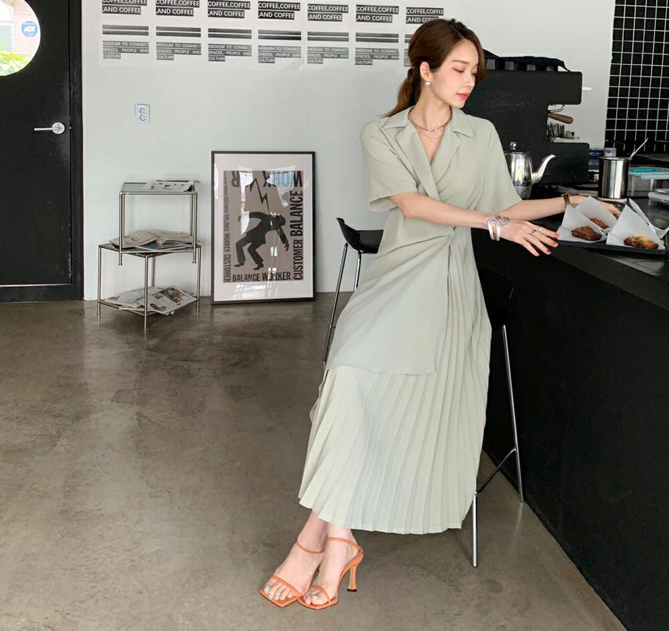 サイドプリーツラップワンピース・全3色・t68567 レディース 【ops】 ワンピース ロング ロングワンピース プリーツ 半袖 開襟 スキッパー ラップデザイン シンプル 単色 大人 春 夏 韓国 ファッション ハイホリHIHOLLI
