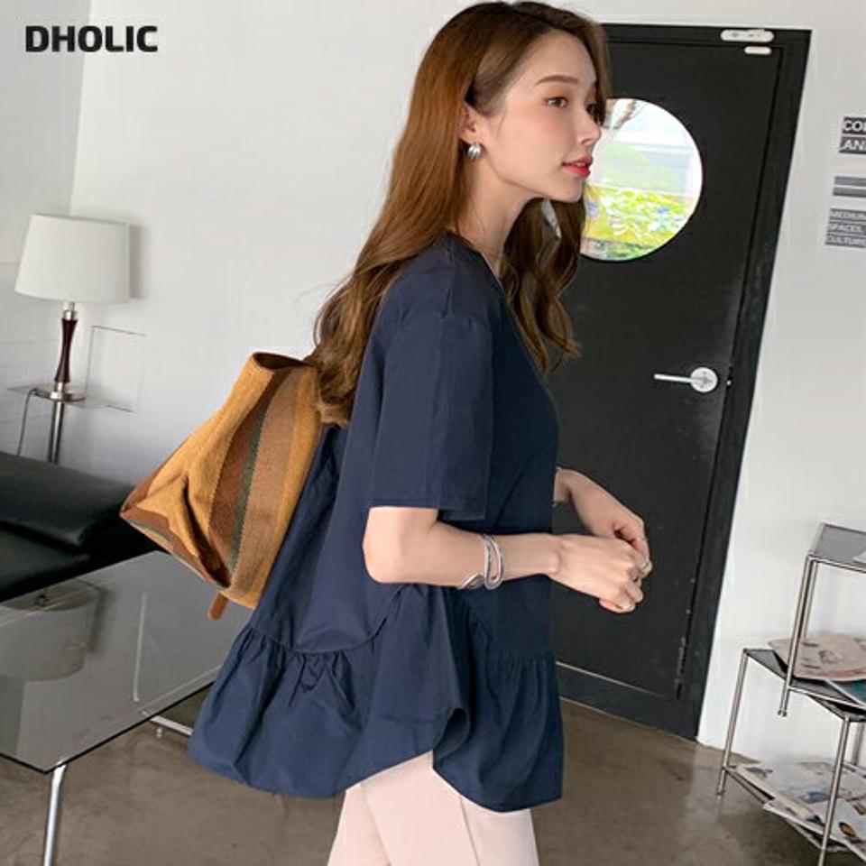 ラウンドフレアヘムブラウス・全2色・b68572 レディース 【bl】 トップス ブラウス 半袖 フレアヘム 単色 無地 シンプル かわいい 春 夏 韓国ファッション ハイホリHIHOLLI