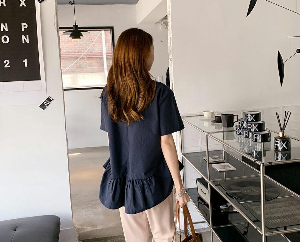 ラウンドフレアヘムブラウス・全2色・b68572 レディース 【bl】 トップス ブラウス 半袖 フレアヘム 単色 無地 シンプル かわいい 春 夏 韓国ファッション ハイホリHIHOLLI