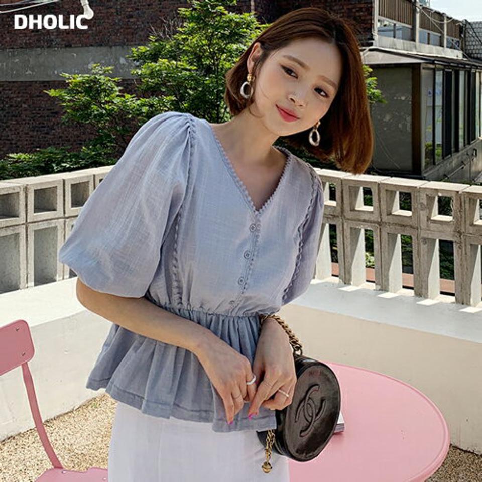 レースVネックフレアブラウス・全3色・t63766 レディース 【bl】【韓国 ファッション トップス ブラウス 半袖 レース Vネック クロップド丈 ゴム フレア 7分丈 パフスリーブ フェミニン ボリューム 体型カバー スリム 細身 ベーシック 夏 春】