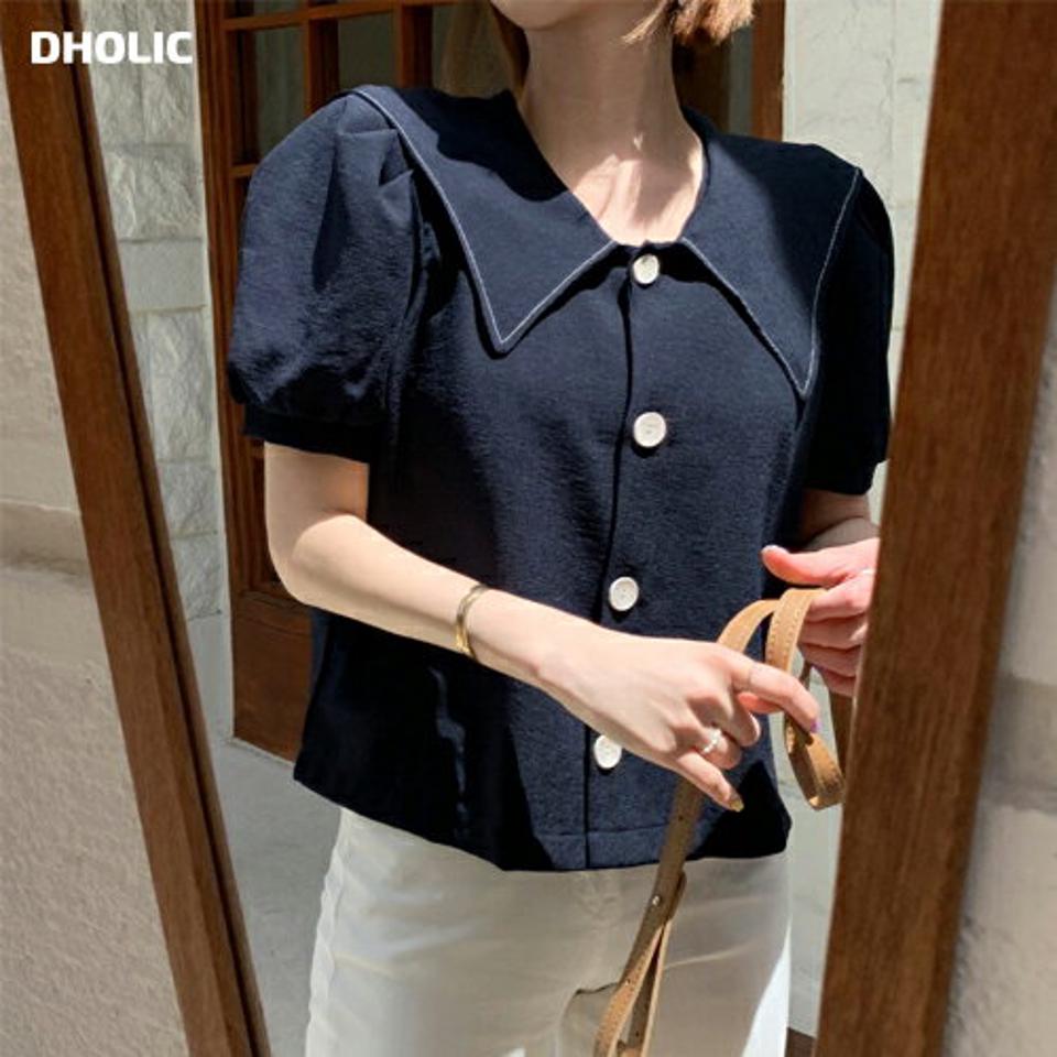 ステッチセーラーカラーブラウス・全4色・t63773 レディース 【bl】 韓国 ファッション トップス ブラウス 半袖 モダン セーラー ブラウス 小顔 5分丈 パフスリーブ ステッチ フェミニン ボリューム 体型カバー スリム 細身 ベーシック 無地 夏 春