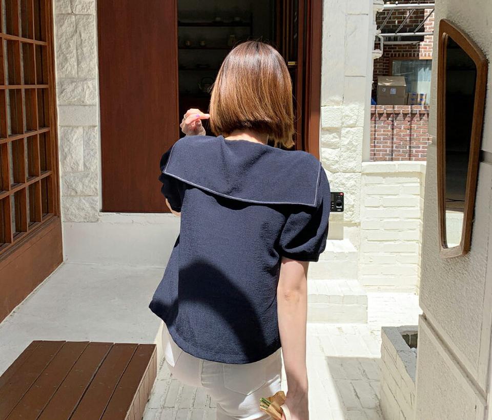 ステッチセーラーカラーブラウス・全4色・t63773 レディース 【bl】 韓国 ファッション トップス ブラウス 半袖 モダン セーラー ブラウス 小顔 5分丈 パフスリーブ ステッチ フェミニン ボリューム 体型カバー スリム 細身 ベーシック 無地 夏 春