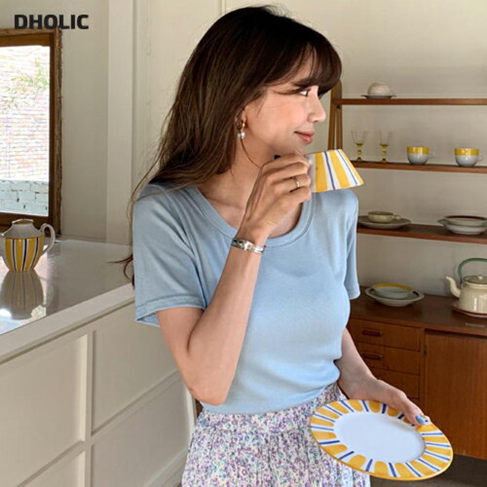 UネックリブTシャツ・全5色・t63750 レディース 【tops】【韓国 ファッション トップス Tシャツ 半袖 デイリー リブ ベーシック Uネック スリム 体型カーバー ショートスリーブ 細身 ルーズ ゆったり 夏 春】
