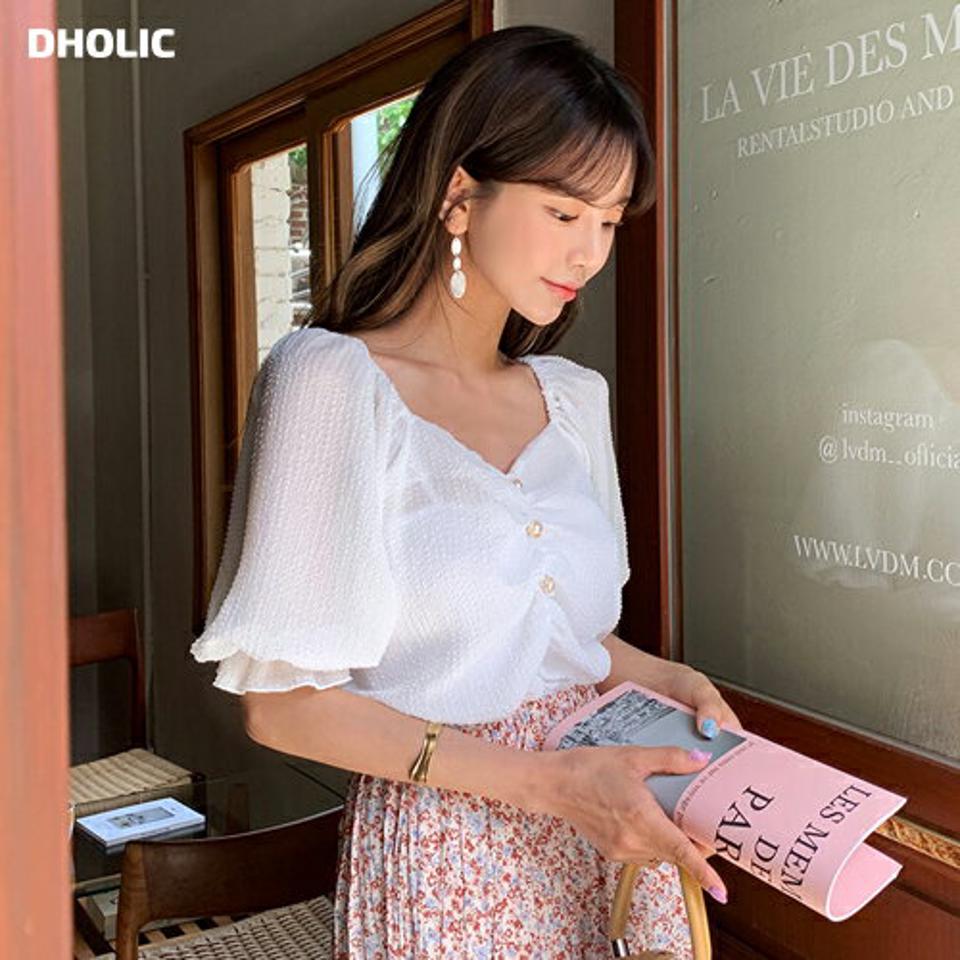 【全品10%OFF】2WAYフェイクパールパフブラウス・全4色・t63764 レディース 【bl】【韓国 ファッション トップス ブラウス 半袖 パール ゴールド フレーム 7分丈 パフスリーブ ギャザー ショートスリーブ フェミニン ボリューム 体型カバー スリム 細身 夏 春】