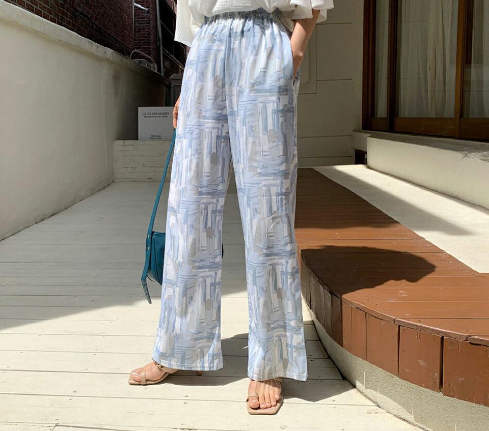 ペイント風パターンパンツ・全2色・t63762 レディース 【pt】 韓国 ファッション ボトムス ロング ロングパンツ ソフト 美脚 ペイント風 ルーズ ゆったり ハイウエスト 足長 ワイド ストレート 大人 スリム 10分丈 体型カーバー 細身 夏 春