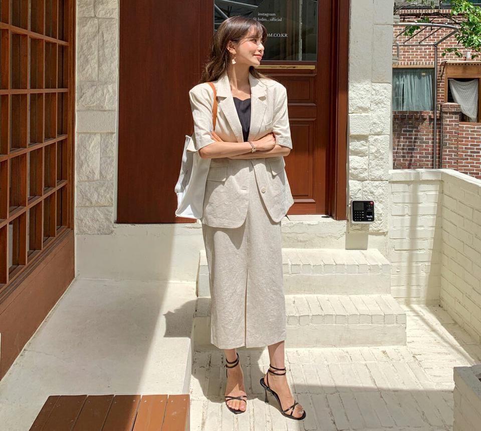 リネン混半袖ジャケット&HラインスカートSET・全3色・t63782 レディース 【jk】 韓国 ファッション アウター ジャケット 半袖 モダン リネン セットアップ ハーフスリーブ スカート 大人 ベーシック フェミニン カジュアル 夏 春