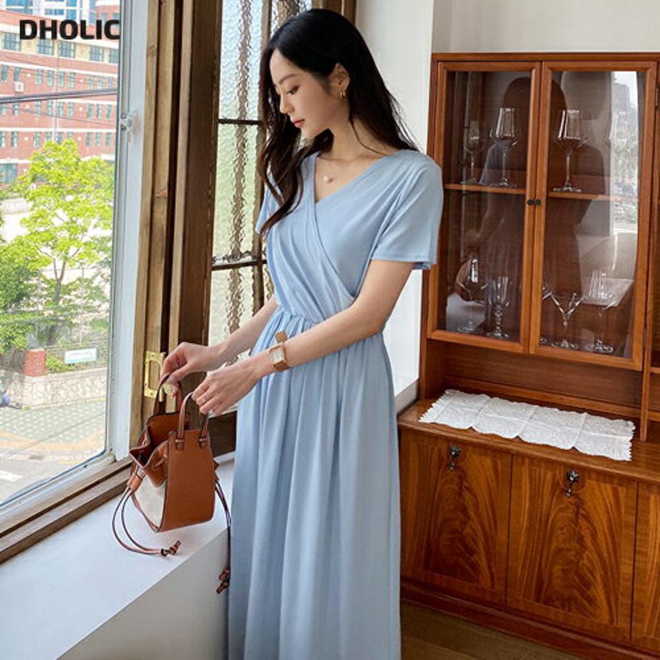 カシュクールロングワンピース・全3色・b57460 レディース 【ops】 韓国 ファッション ワンピース ロング ロングワンピース 半袖 Vネック 上品 カシュクール フレア スリム フェミニン 細身 体型カバー フィット 夏 春