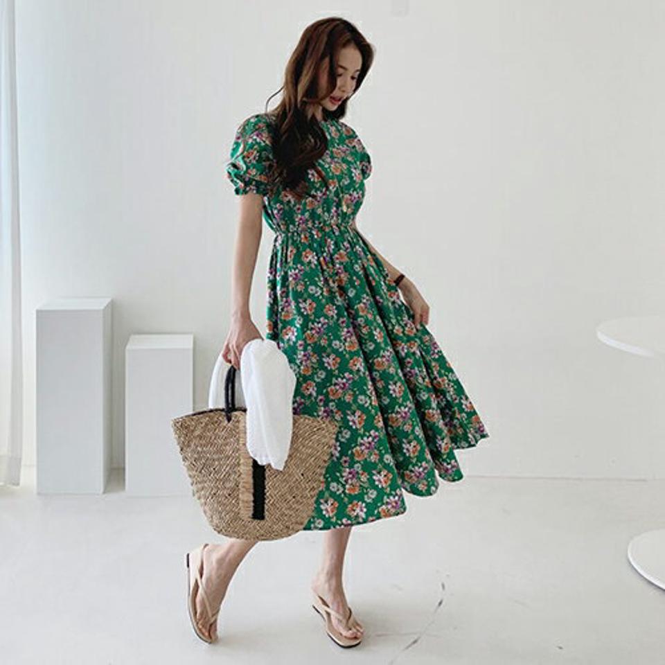 花柄フレアワンピース・全3色・b68537 レディース 【ops】 ワンピース ロング ロングワンピース 半袖 花柄 フレア フェミニン パフ袖 パフスリーブ 春 夏 韓国 ファッション ハイホリHIHOLLI