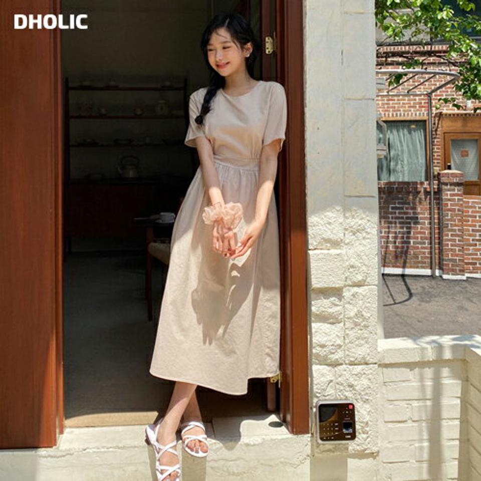 【全品10%OFF】バックボタンワンピース・全4色・t64214 レディース 【ops】【韓国 ファッション ワンピース ロング ロングワンピース 半袖 ラウンドネック フェミニン ギャザー フレア ルーズ ゆったり 細身 体型カバー カジュアル 春 夏】【NIJU】