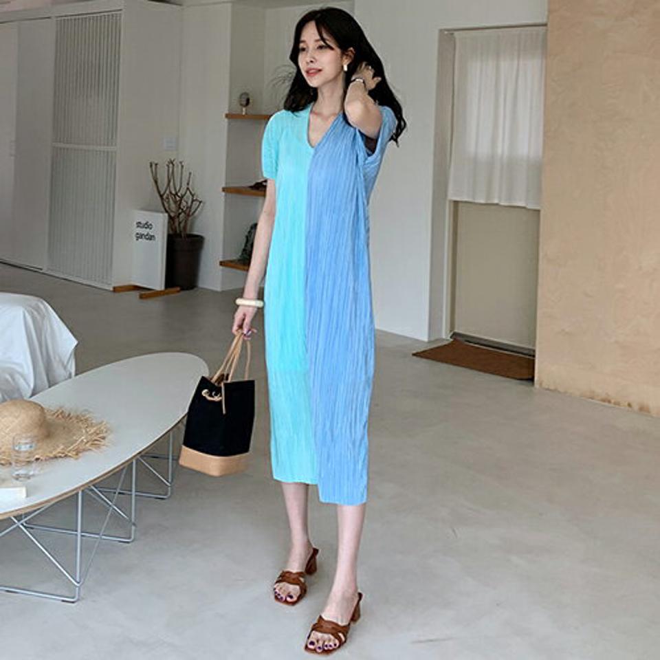 Vネックプリーツ配色ワンピース・全4色・b68532 レディース 【ops】【ワンピース ロング ロングワンピース プリーツ 配色 Vネック 光沢 半袖 カジュアル 大人 ラフ 春 夏 韓国 ファッション】【ハイホリHIHOLLI】