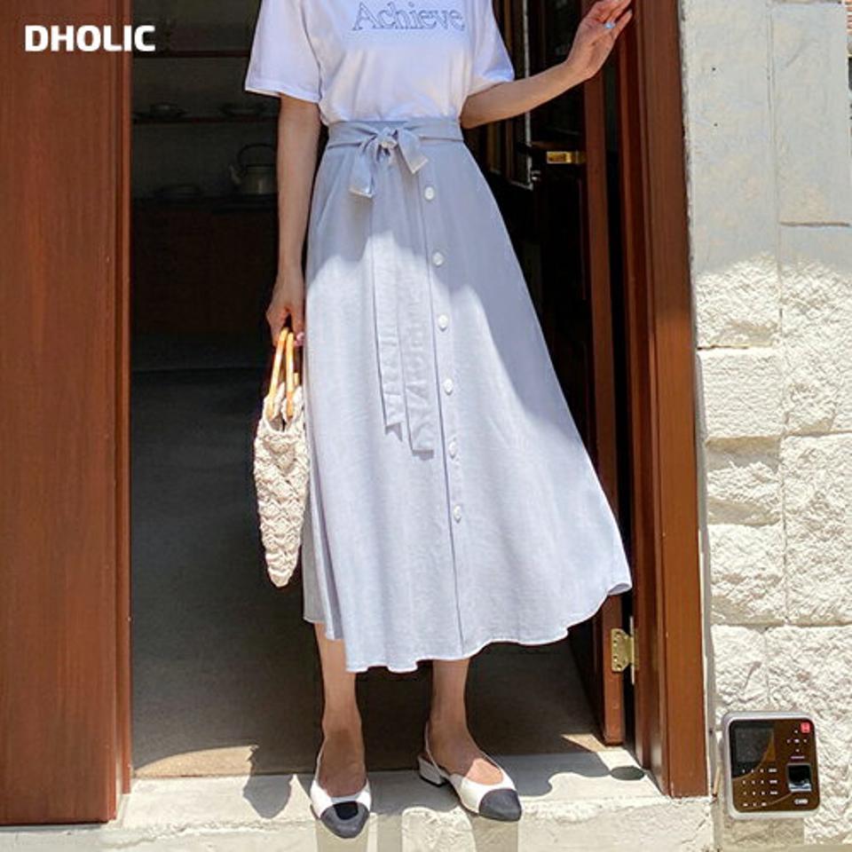 フェイクボタンリボンスカート・全3色・t65218 レディース 【sk】 韓国 ファッション ボトムス スカート ロング ロングスカート フェミニン ボタン ゴム リボン 大人 カジュアル 体型カバー 細身 スリム 夏 春