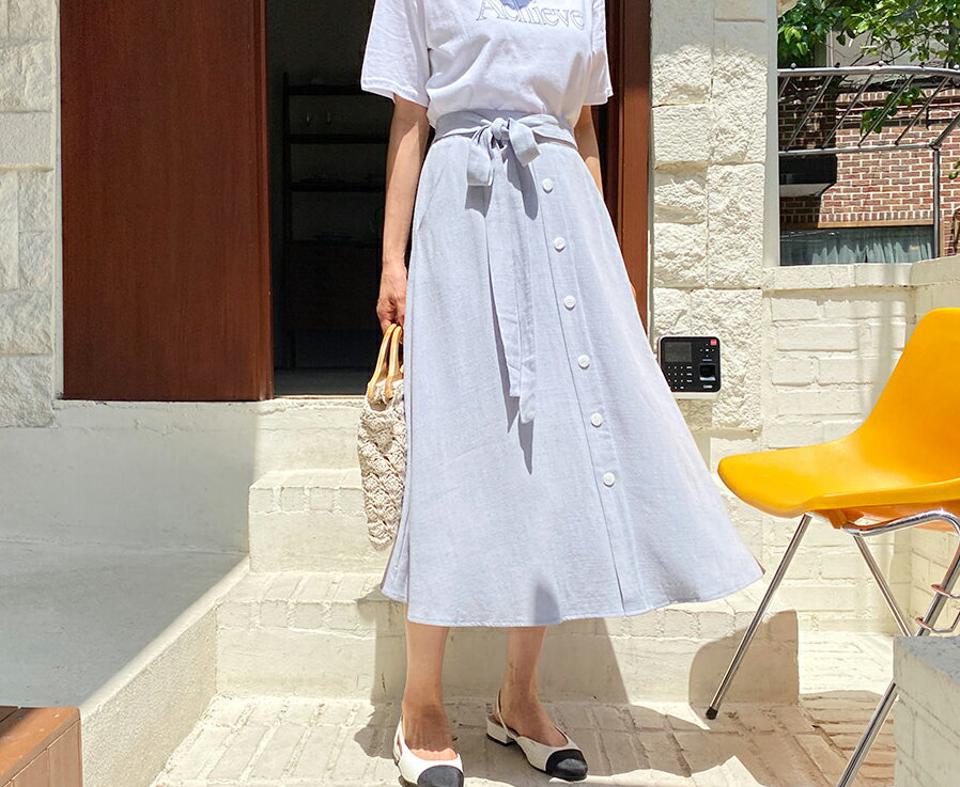 フェイクボタンリボンスカート・全3色・t65218 レディース 【sk】 韓国 ファッション ボトムス スカート ロング ロングスカート フェミニン ボタン ゴム リボン 大人 カジュアル 体型カバー 細身 スリム 夏 春