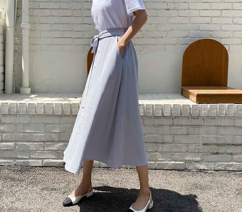 フェイクボタンリボンスカート・全3色・t65218 レディース 【sk】 韓国 ファッション ボトムス スカート ロング ロングスカート フェミニン ボタン ゴム リボン 大人 カジュアル 体型カバー 細身 スリム 夏 春