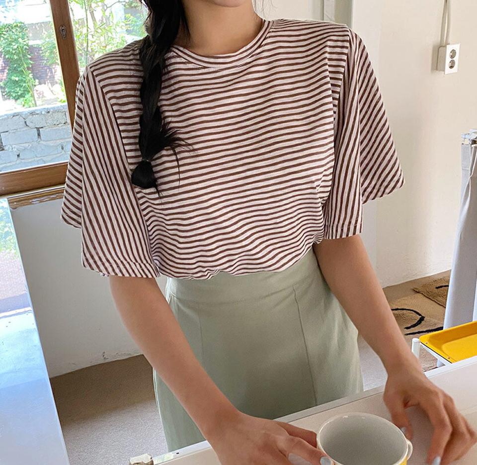 フレアスリーブボーダーTシャツ・全4色・b64202 レディース 【tops】【韓国 ファッション トップス Tシャツ 半袖 ボーダー パターン ラウンドネック 5分丈袖 ラッフル ルーズ ゆったり 細身 カジュアル 体型カーバー 春 夏】【NIJU】