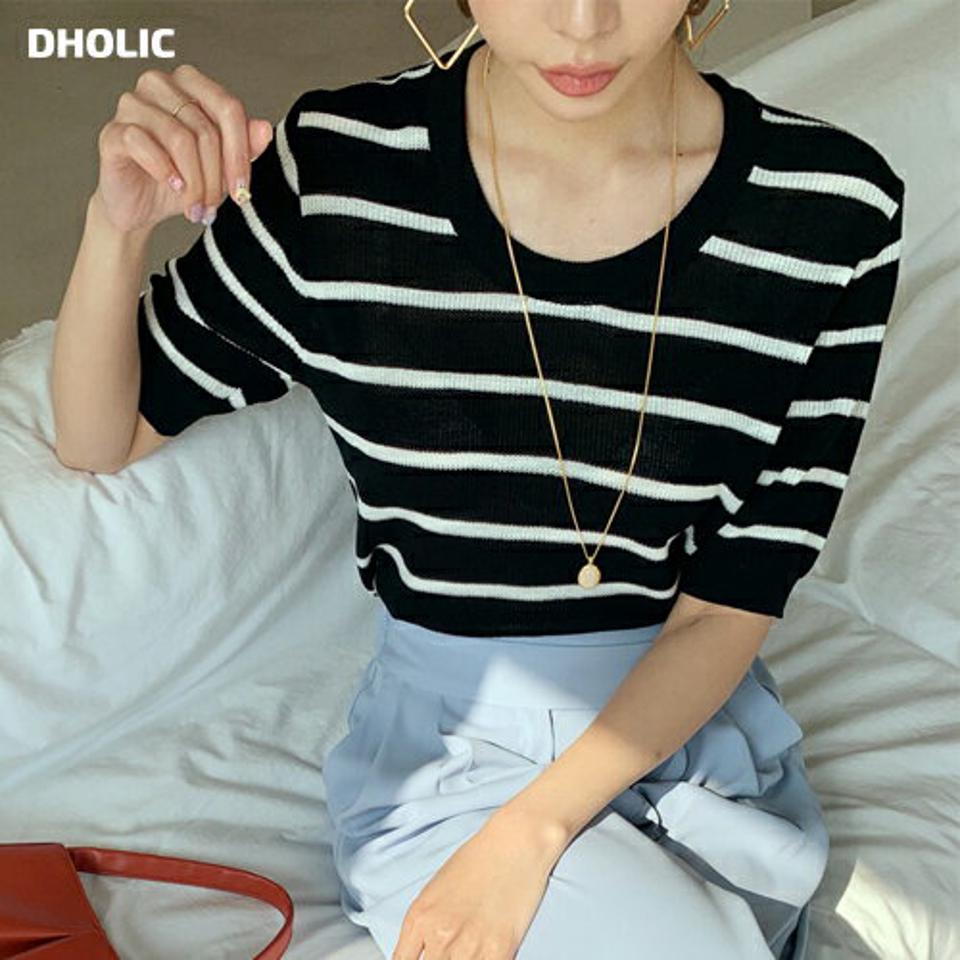 【全品10%OFF】ラウンドボーダーニット・全6色・t68534 レディース 【tops】【トップス ニット ニットトップス 半袖 ハーフスリーブ ボーダー柄 カジュアル ラフ 春 夏 韓国 ファッション】【ハイホリHIHOLLI】
