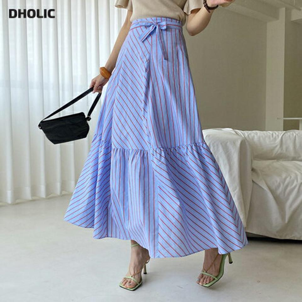 2TYPEリボンフレアスカート・全3色・t68542 レディース 【sk】 スカート ロング ロングスカート りぼん リボン ストライプ柄 フレア 無地 単色 シンプル 爽やか 春 夏 韓国 ファッション ハイホリHIHOLLI