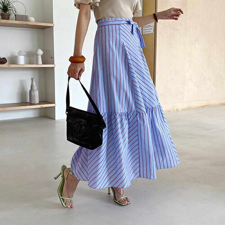 2TYPEリボンフレアスカート・全3色・t68542 レディース 【sk】 スカート ロング ロングスカート りぼん リボン ストライプ柄 フレア 無地 単色 シンプル 爽やか 春 夏 韓国 ファッション ハイホリHIHOLLI