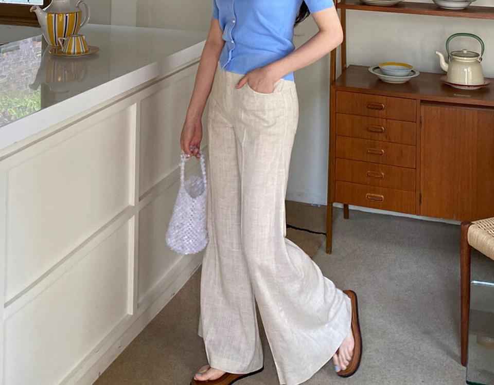 リネンボタンワイドパンツ・全3色・t64211 レディース 【pt】 韓国 ファッション ボトムス パンツ ロング ロングパンツ リネン 美脚 ワイド ワイドパンツ スリム 細身 体型カーバー 10分丈 十分丈 カジュアル 春 夏 NIJU