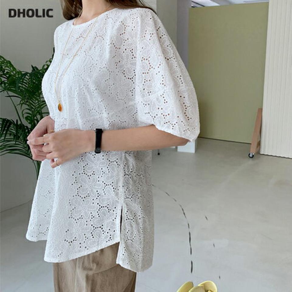 アイレットレースブラウス・全2色・b68529 レディース 【bl】【トップス ブラウス 七分丈 七分袖 7分丈 7分袖 レース 総レース アイレット ガーリー かわいい パフ袖 パフスリーブ 春 夏 韓国 ファッション】【ハイホリHIHOLLI】