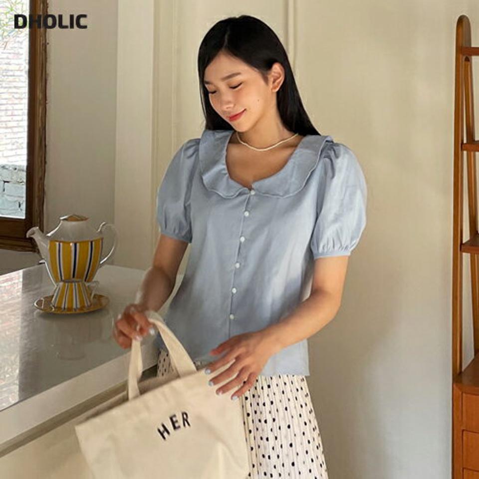 【全品10%OFF】ラウンドカラーボタンブラウス・全3色・t64209 レディース 【bl】【韓国 ファッション トップス ブラウス 半袖 ラウンドカラー ウェーブ パフスリーブ ラウンドネック ガーリー フィット 体型カバー 細身 スリム 春 夏】【NIJU】