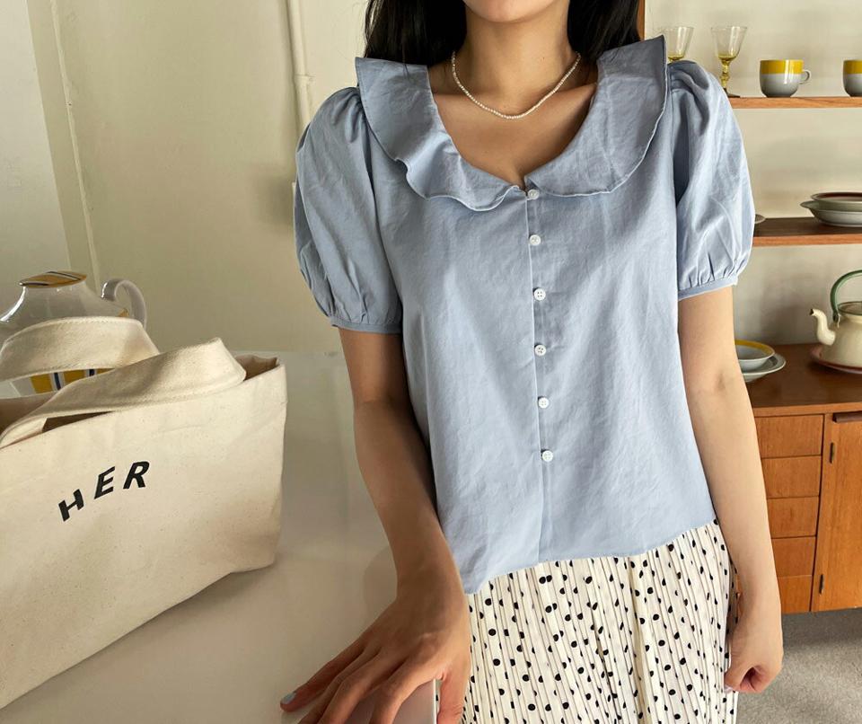 【全品10%OFF】ラウンドカラーボタンブラウス・全3色・t64209 レディース 【bl】【韓国 ファッション トップス ブラウス 半袖 ラウンドカラー ウェーブ パフスリーブ ラウンドネック ガーリー フィット 体型カバー 細身 スリム 春 夏】【NIJU】