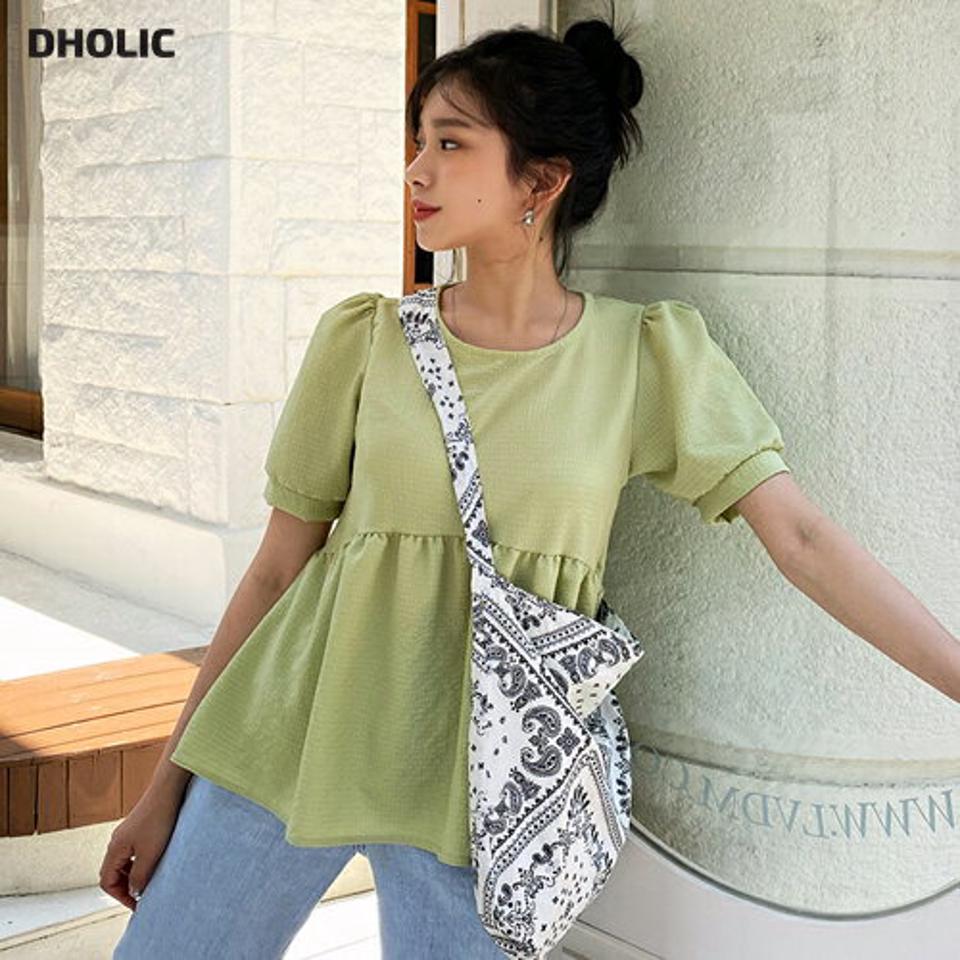 ラウンドフレアブラウス・全4色・t64207 レディース 【bl】 韓国 ファッション トップス ブラウス 半袖 ラウンドネック ギャザー パフスリーブ ガーリー フィット 体型カバー 細身 スリム フレア 春 夏 NIJU