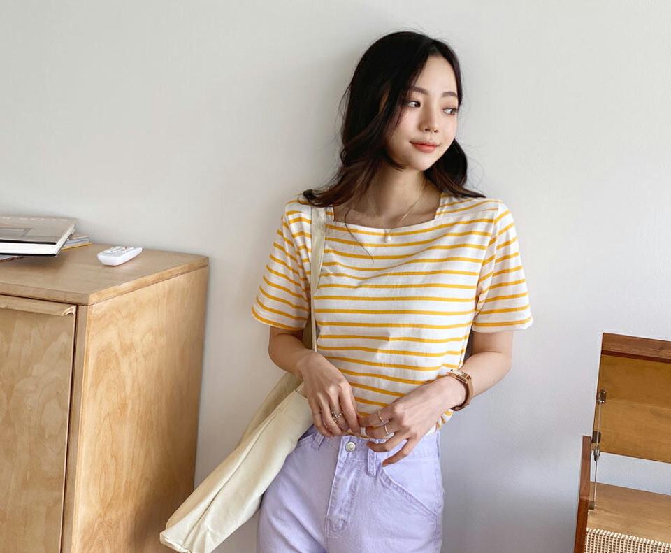 スクエアボーダーTシャツ・全4色・t57449 レディース 【tops】【韓国 ファッション トップス Tシャツ 半袖 デイリー ルーズ ラウンドネック ゆったり 体型カーバー カジュアル 細身 ボーダー スクエアネック ストライプ 夏 春】