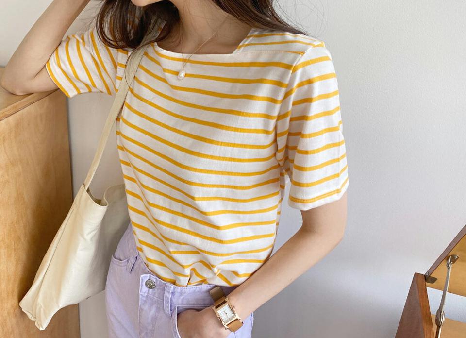 スクエアボーダーTシャツ・全4色・t57449 レディース 【tops】【韓国 ファッション トップス Tシャツ 半袖 デイリー ルーズ ラウンドネック ゆったり 体型カーバー カジュアル 細身 ボーダー スクエアネック ストライプ 夏 春】