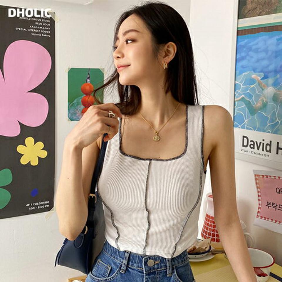 ステッチスクエアスリーブレス・全4色・t57446 レディース 【tops】 韓国 ファッション トップス Tシャツ スリーブレス ノースリーブ デイリー ステッチ スクエアネック ゆったり 体型カーバー カジュアル 細身 夏 春