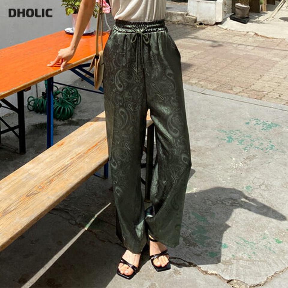 【全品10%OFF】ペイズリーパターンパンツ・全2色・a57480 レディース 【pt】【韓国 ファッション ボトムス ロング ロングパンツ ペイズリー パターン ワイド ゴム フレア 足長 ストレート 大人 10分丈 体型カーバー 細身 夏 春】