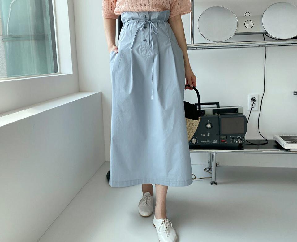 ドロストボタンフライスカート・全2色・t57481 レディース 【sk】【韓国 ファッション ボトムス スカート ロング ロングスカート フェミニン Aライン カジュアル ストリング 大人 体型カバー 細身 スリム 夏 春】