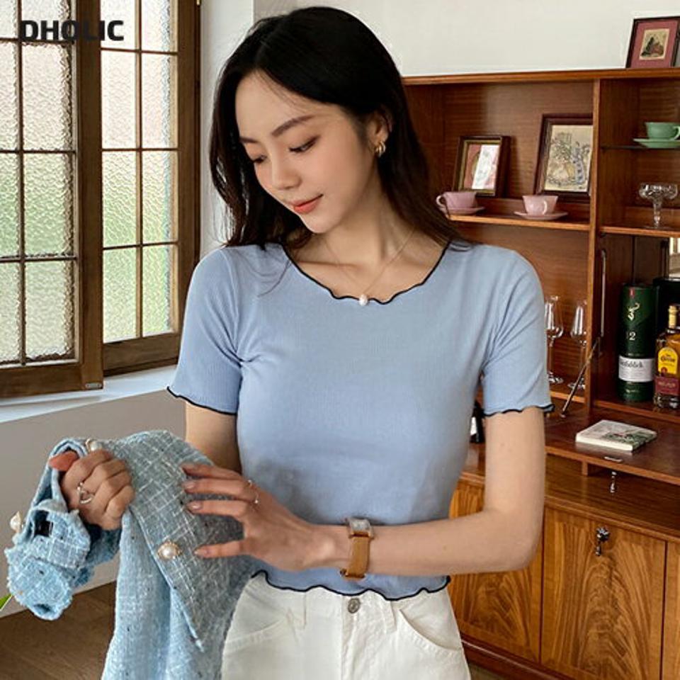 リブウェーブ配色Tシャツ・全4色・t57448 レディース 【tops】 韓国ファッション トップス Tシャツ 半袖 デイリー ラウンドネック リブ スリム フィット メリハリ クロップド カジュアル 細身 体型カバー 夏 春